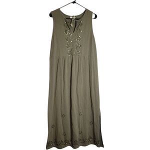 J. Jill Olive Embellished Sleeveless Midi Dress Boho LagenLook Beaded Size L